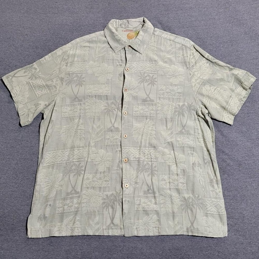 Caribbean Joe Hawaiian Silk Button Down Short Sleeve Beige Floral Shirt Men's XL